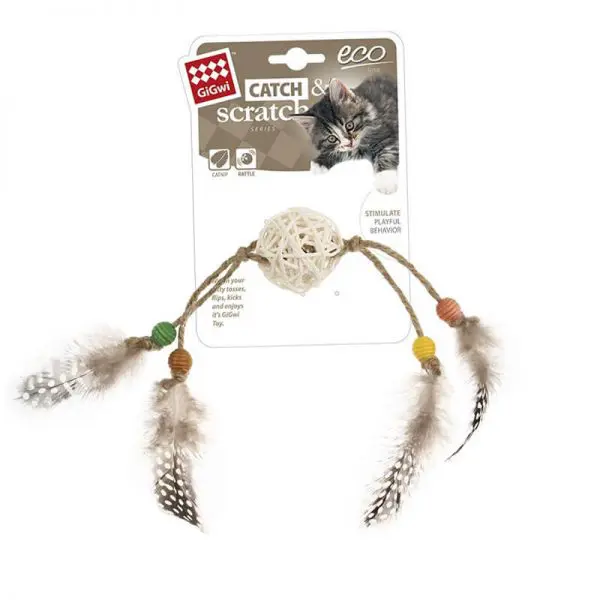 GiGwi Catch and Scratch Eco Rattan y Plumas Café