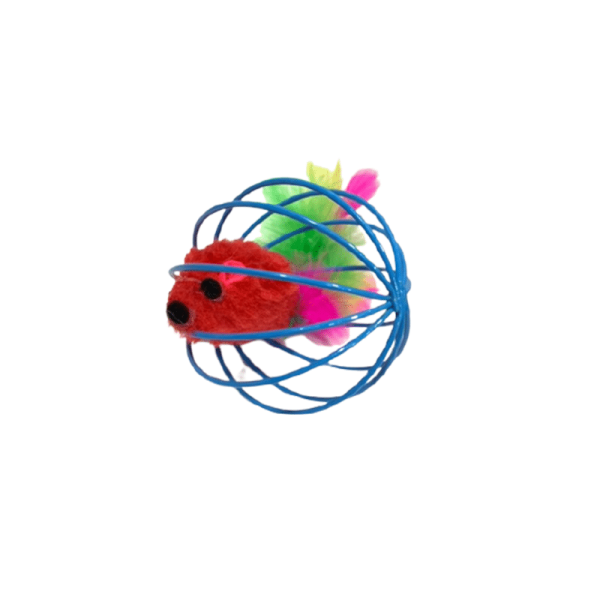 Juguete ratón en jaula color azul y rojo