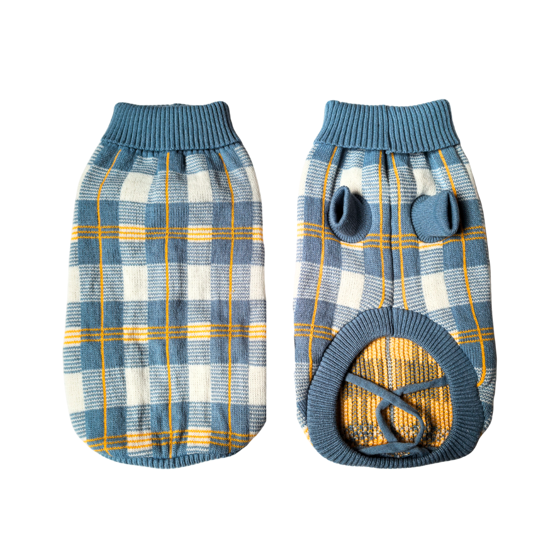 Sueter tejido cuadro mascota azul XL